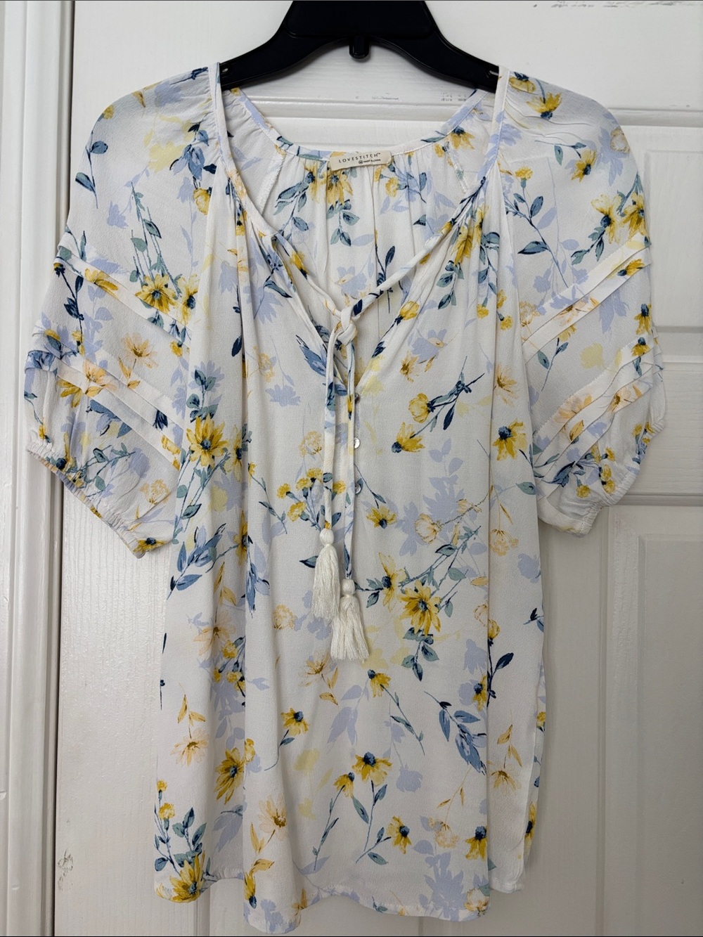 LoveStitch White Floral Tie-Neck Peasant Top